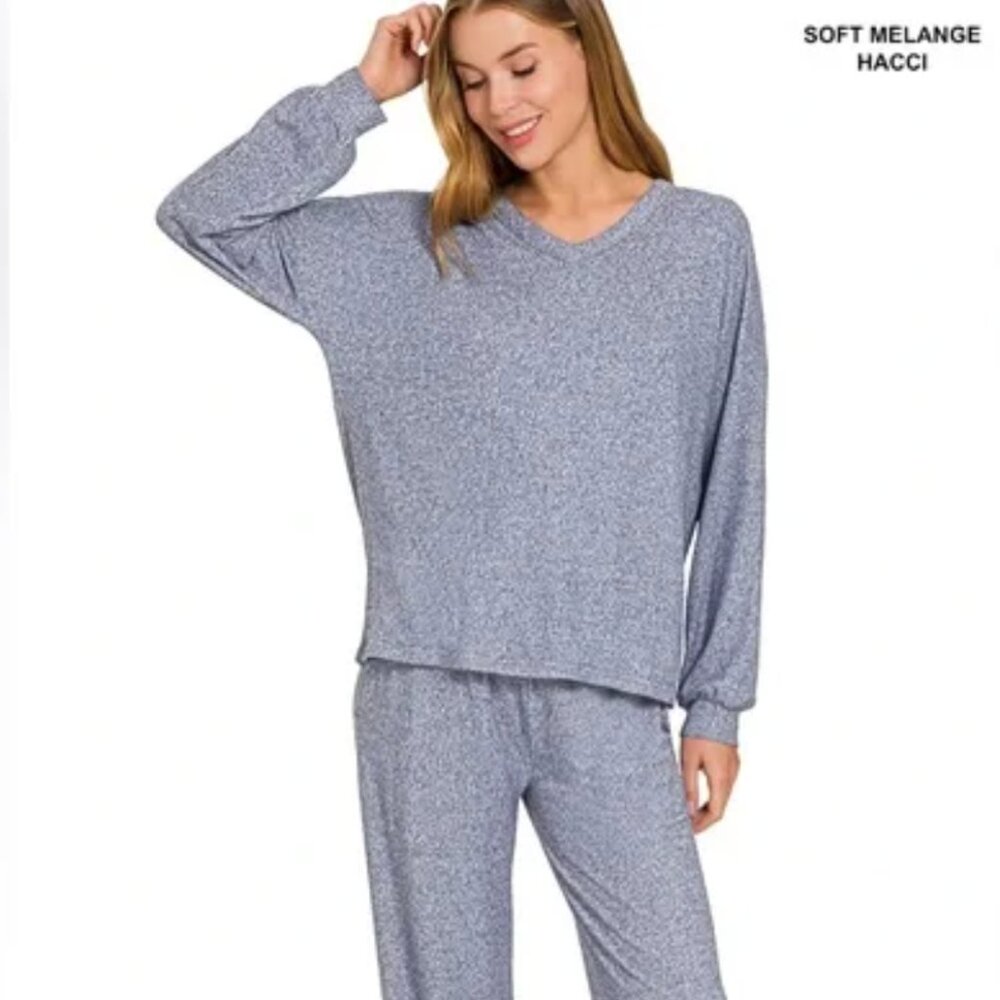 NEW! Zenana Soft Melange Women's Crew Neck Lounge Set - Charcoal Size Large